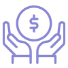 purple outline of hands holding a money symbol